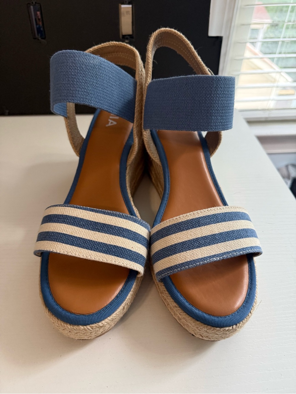 MIA Blue and White Striped Espadrille Wedges